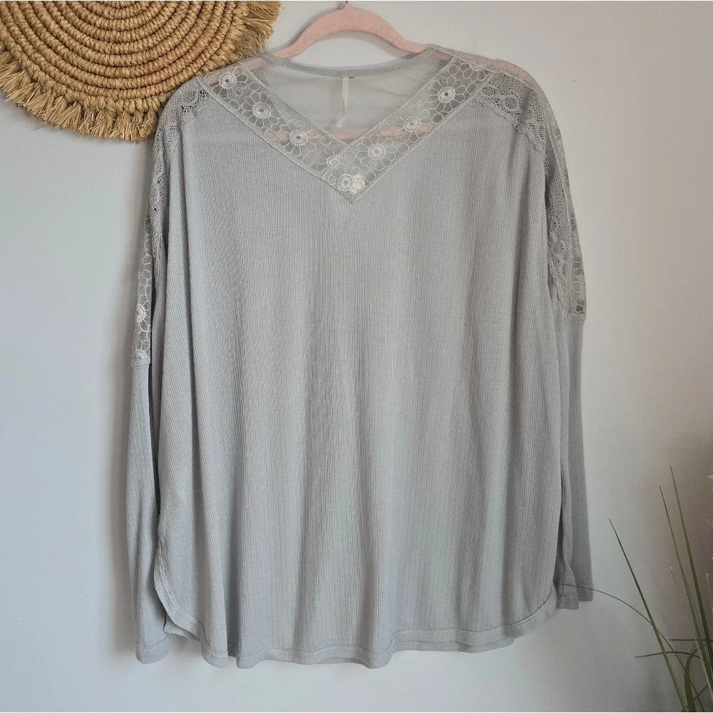 Free People NEW Lola Slate Lace Thermal Oversized Long Sleeve Top SZ Medium Boho